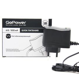  Блок питания GoPower 500mA 6V 5,5x2,5/12мм нестабилизированный положительная полярность (1/100) 