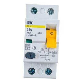  Выключатель IEK ВД1-63 (MDV10-2-063-300) дифф.тока УЗО  63A 300мА AC 2П 230В 2мод белый (упак.:1шт) 