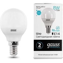  Лампа Gauss Elementary (53128) светодиодная 8Вт цок. E14 шар 220B 4100K св.свеч.бел.нейт. P45 (упак. 10шт) 