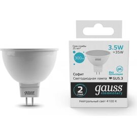  Лампа Gauss Elementary MR16 (13524) светодиодная 3.5Вт цок. GU5.3 спот 220B 4100K св.свеч.бел.нейт.MR16 (упак. 10шт) 
