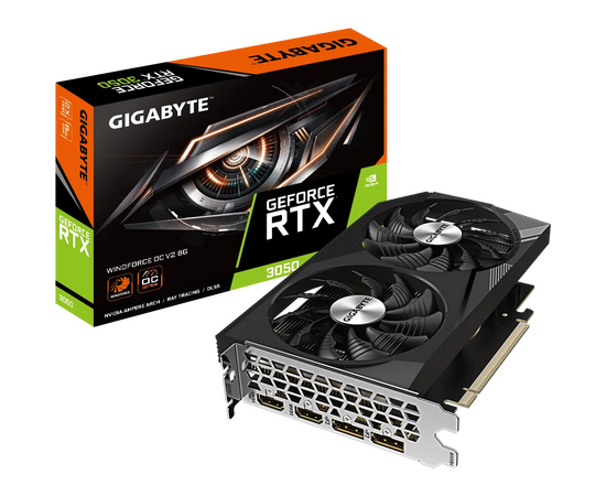  Видеокарта Gigabyte Nvidia GeForce RTX 3050 (GV-N3050WF2OCV2-8GD) PCI-E 4.0 8192Mb 128 GDDR6 1792/14000 HDMIx2 DPx2 HDCP Ret 