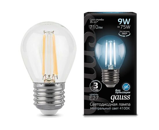  Лампа Gauss (105802209) филам. 9Вт цок. E27 шар 220B 4100K св.свеч.бел.нейт. G45 (упак. 10шт) 