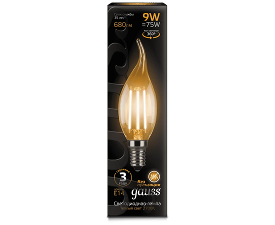  Лампа Gauss Filament (104801109) светодиодная 9Вт цок. E14 свеча 220B 2700K св.свеч.бел.теп. CF35 (упак. 1шт) 