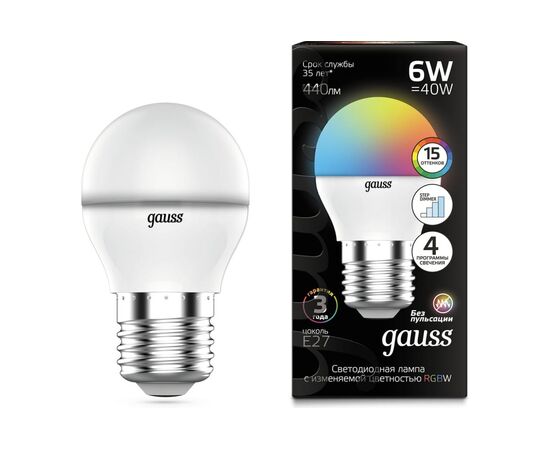 Лампа светодиодная Gauss 105102406 6Вт цок.G45 шар 175B св.свечения RGB уп/1шт 