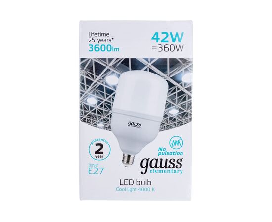  Лампа светодиодная Gauss Elementary T120 63224 42Вт цок.E27 цилиндр 220B 3600K св.свечения белый нейтральный уп/1шт 